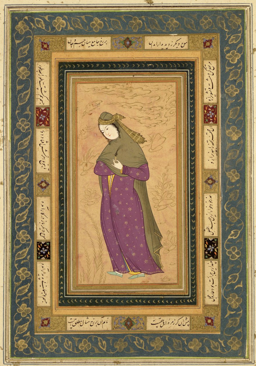 Pige, der holder en aigrette, fra Large Clive Album, ca. 1620-30 af Persian School