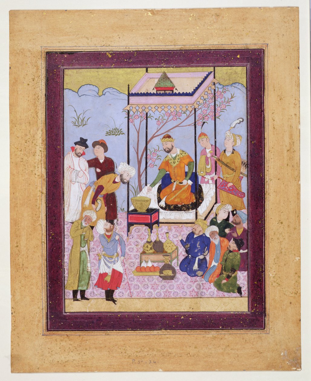 Khamsa af Nizami i en pavillon blandt tilhængere og ledsagere, ca. 1590 (wc, karbonat og forgyldt på karton) af Persian School