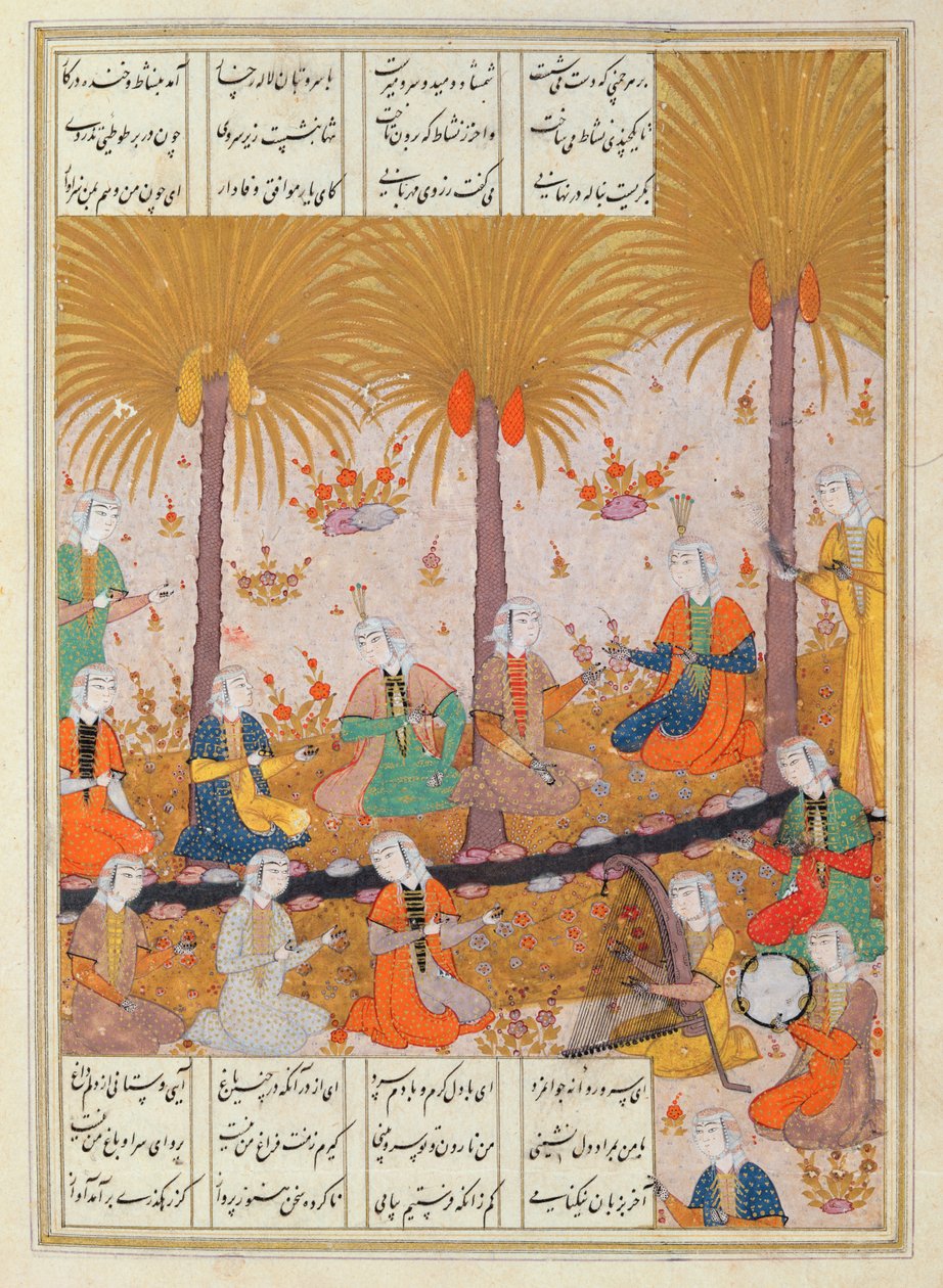 MS D-212 Illustration til et digt af Elyas Nezami, der skildrer piger i en have, der synger lovprisningen af hans poesi (goauche på papir) af Persian School