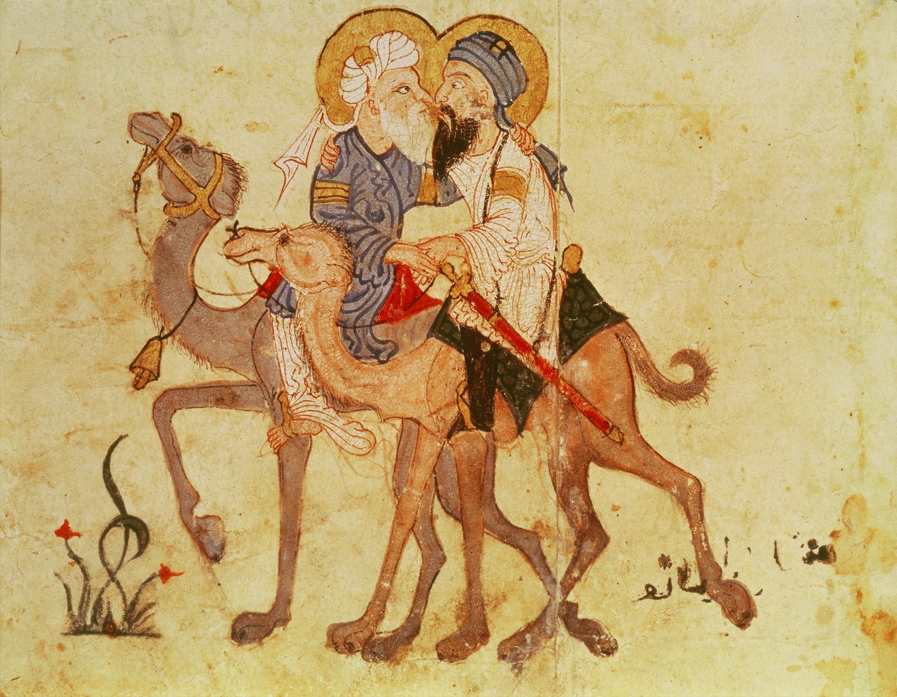 Ms Ar 3929 f.122, Abu-Zayds og Al-Hariths afsked før hjemrejsen til Mekka, fra "Al Maqamat" (Møderne) af Al-Hariri, ca. 1240 (gouache på pergament) af Persian School