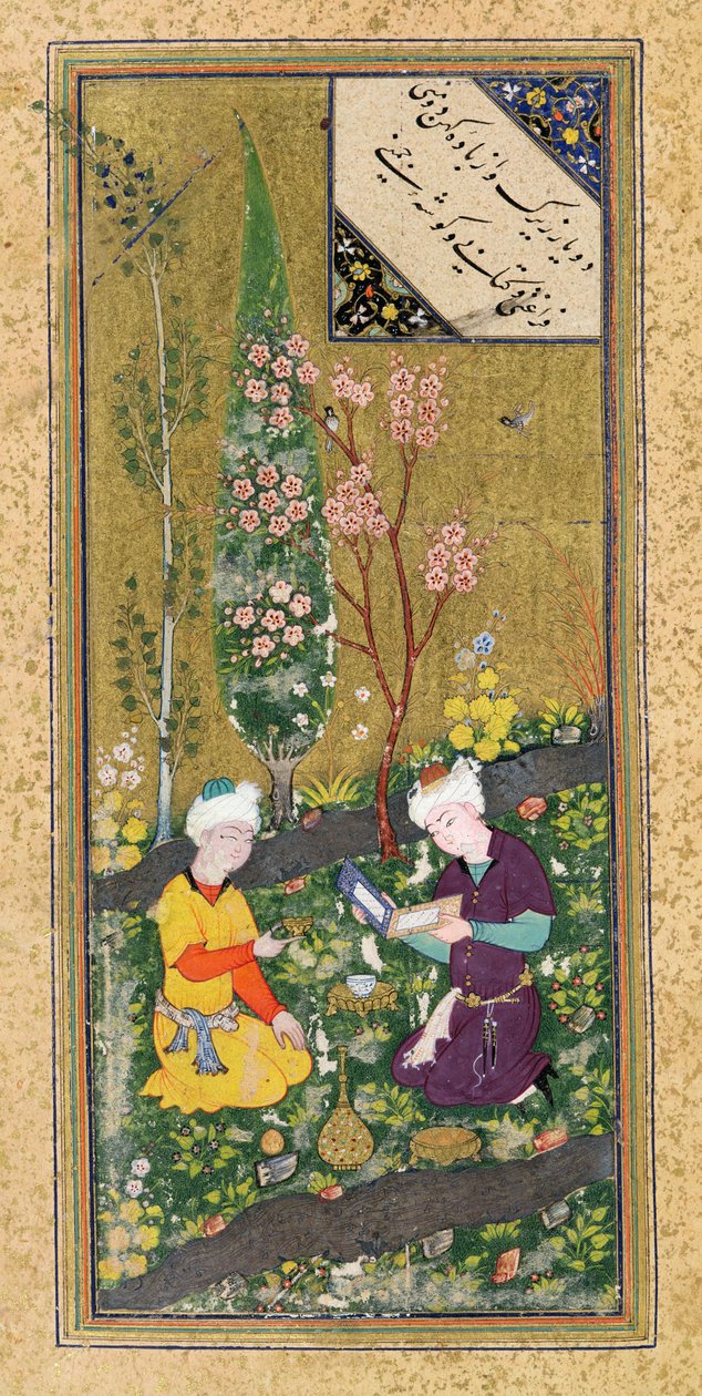 Ms C-860 fol.9a To figurer, der læser og slapper af i en frugthave, ca. 1540-50 af Persian School