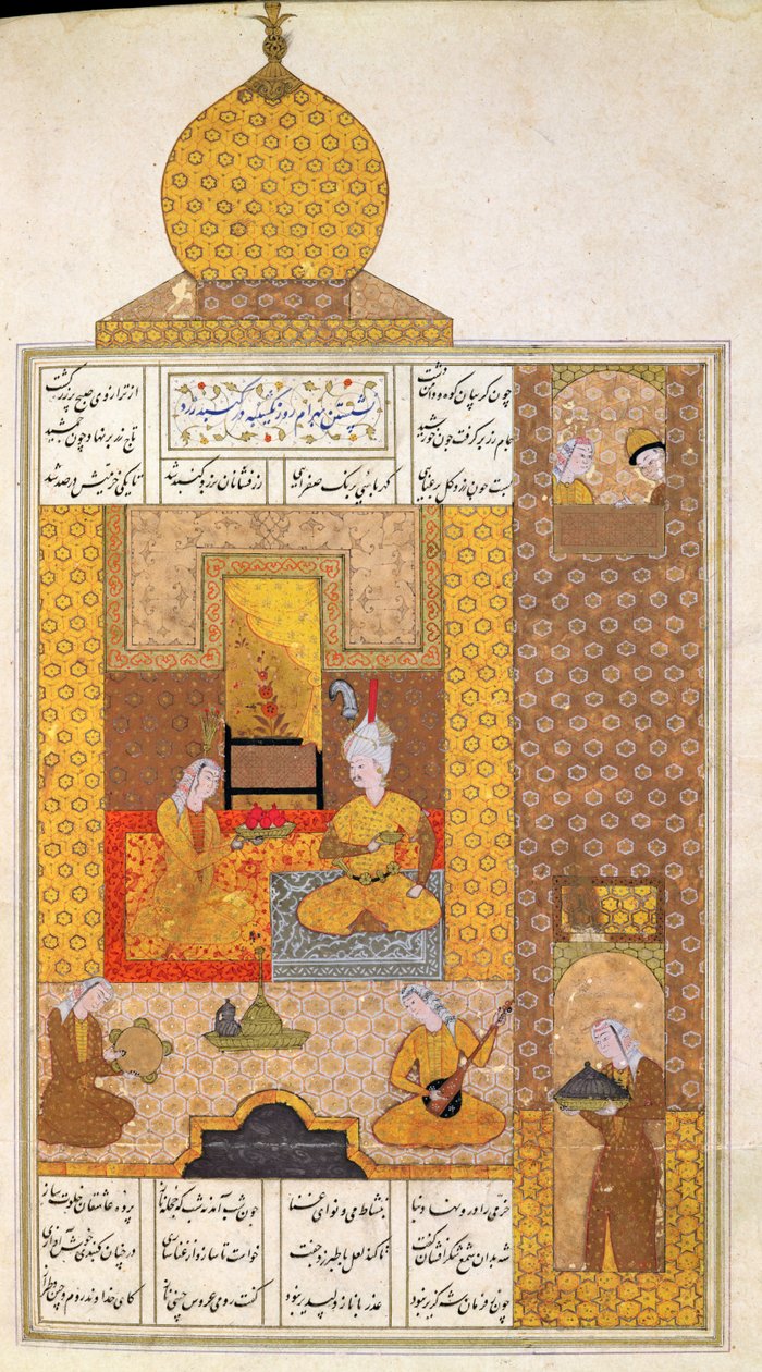 Ms D-212 fol.205b Bahram (420-28) besøger prinsessen af Turkestan, illustration til De syv prinsesser, 1199, af Elias Nezami (1140-1209) ca. 1550 af Persian School