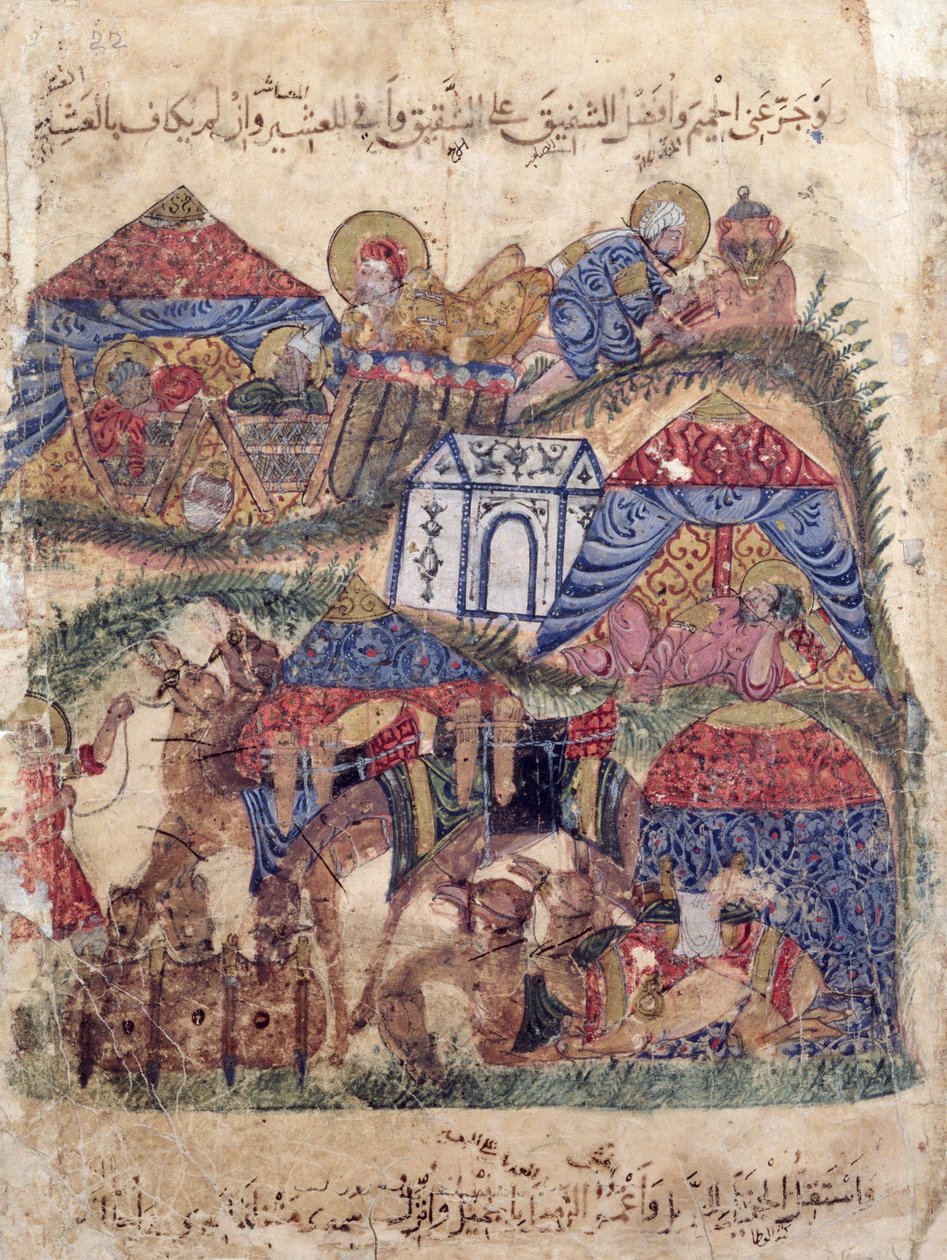 Ms c-23 f.12a, En karavane stopper, fra "The Maqamat" (Møderne) af Al-Hariri, ca. 1240 (gouache på pergament) af Persian School