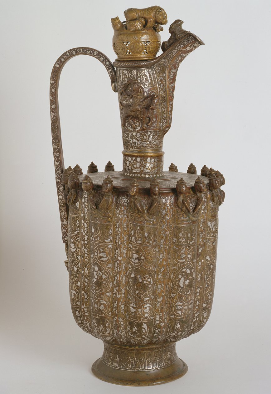Kande med håndtag og låg, fra Khorasan, Safavid Dynasty (messing indgraveret med sølvindlæg) af Persian School