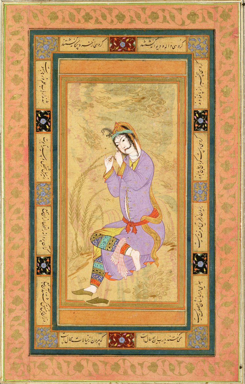 Siddende pige, der krøller sit hår til ringlets, fra Large Clive Album, ca. 1600-10 af Persian School