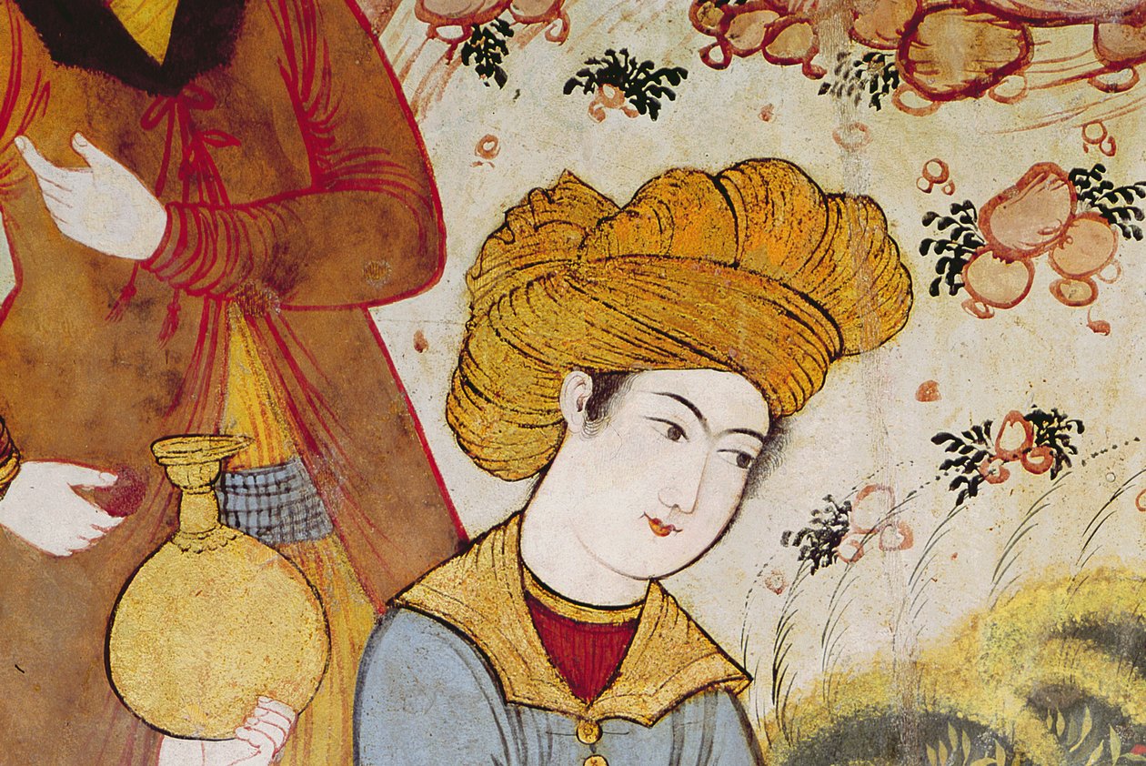 Shah Abbas I (1588-1629) og en hofmand, der tilbyder frugt og drikke (detaljer fra 155563, der viser hofmandens hoved) af Persian School