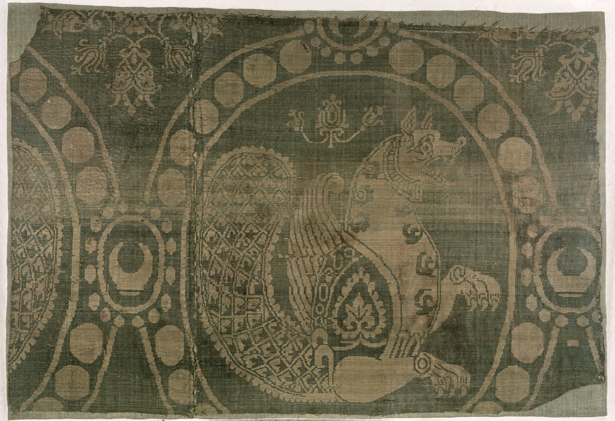 Silkefragment, der viser Senmurv, Sassanian-dynastiet (226-651) (tekstil) af Persian School