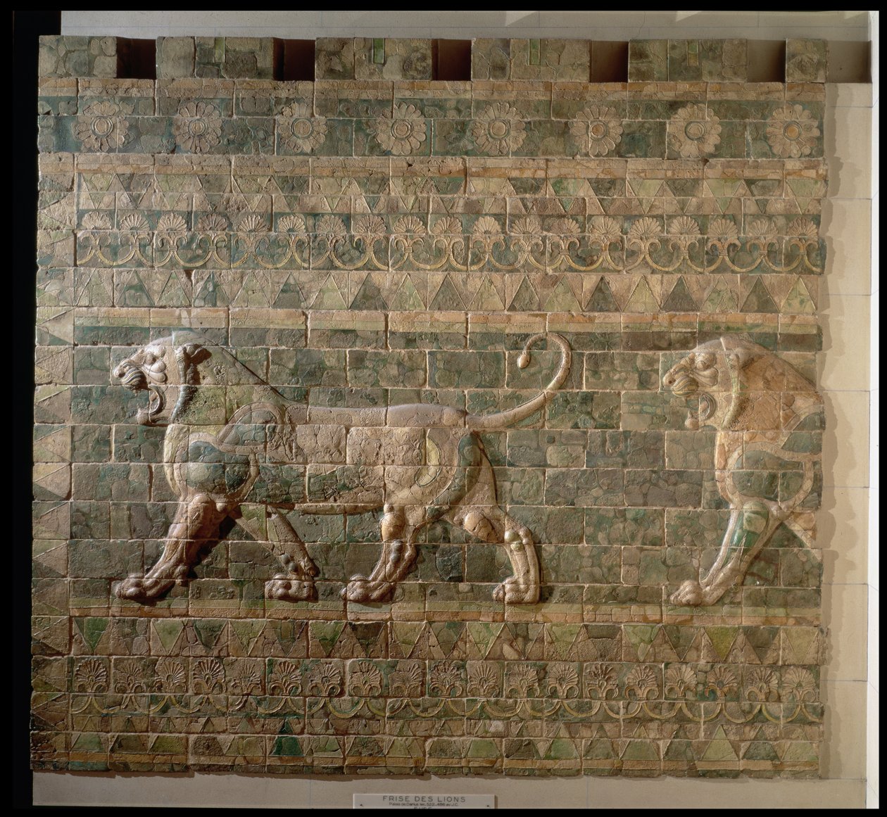 00351 Frise af løver fra Darius den Stores palads (548-486 f.Kr.) fra Susa, Iran, Achaemenid Period, ca. 500 f.Kr. (glaserede mursten) af Persian School