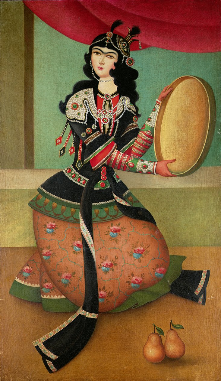 En dansende pige med en tamburin, Qajar-skole af Persian School