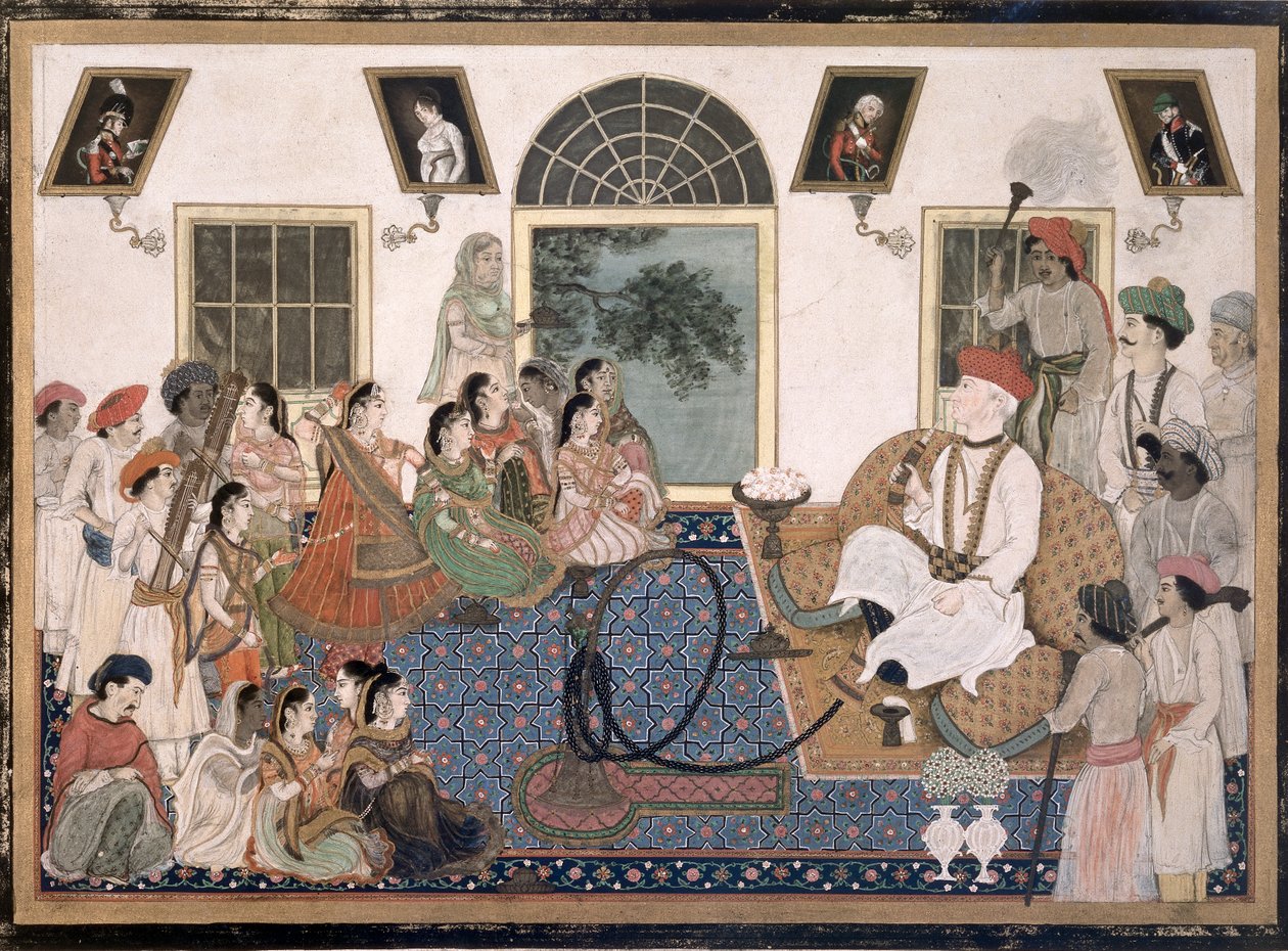 En europæer, sandsynligvis Sir David Ochterlony (1758-1825), i indisk kjole, der ryger vandpibe og ser en nautch i sit hus i Delhi, ca. 1820 (blæk og farve på papir) af Persian School