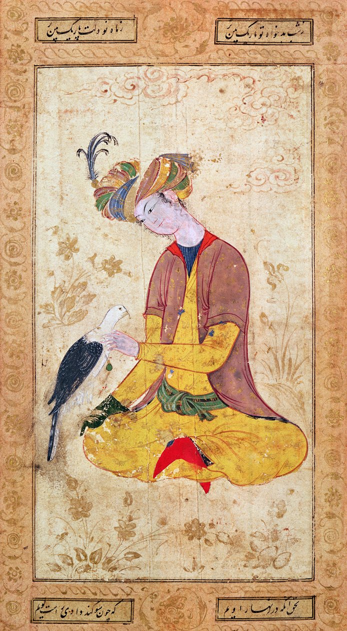 En jæger, der stryger sin falk af Persian School