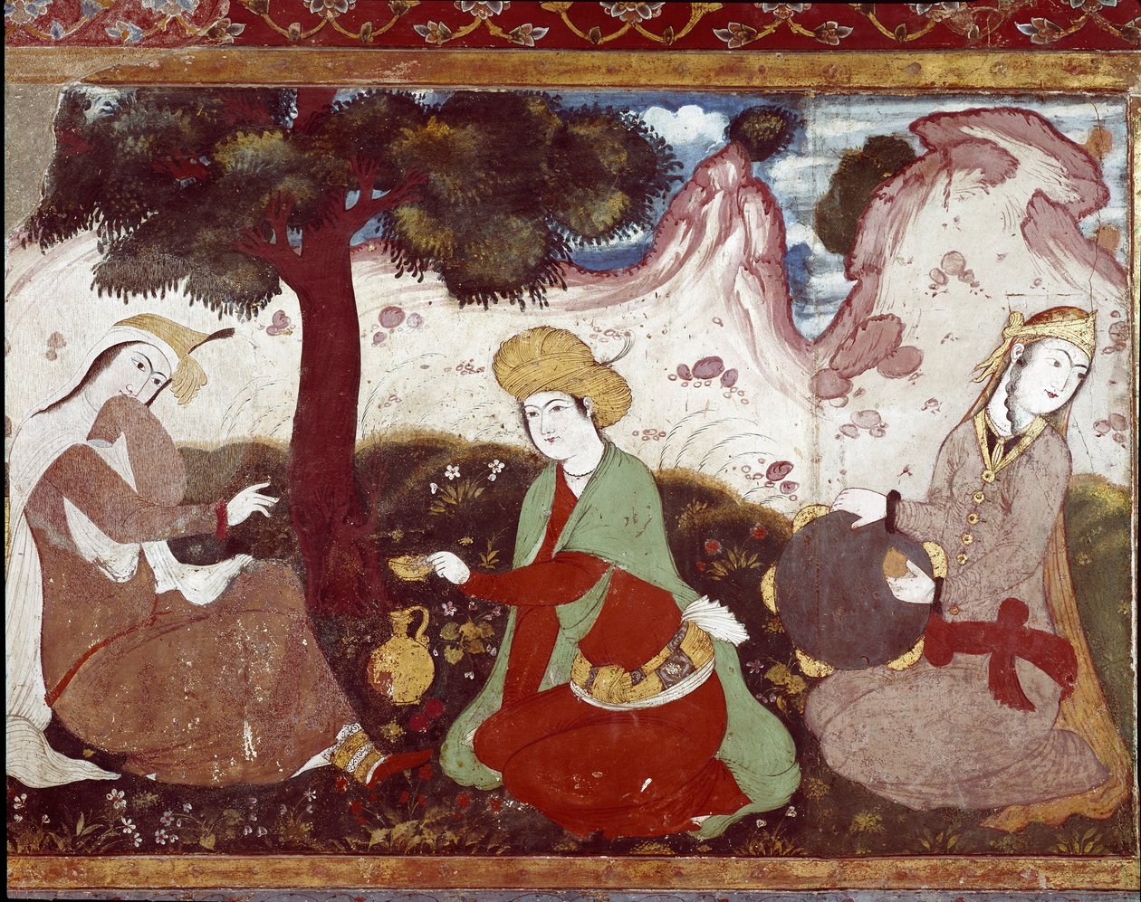 En persisk prinsesse med sine kurtisaner i en have fra det 17. århundrede. Fresko fra Palace of the 40 Columns (Chehel Sotoun) i Isfahan (Isfahan eller Esfahan, Isfahan), Iran. af Persian School