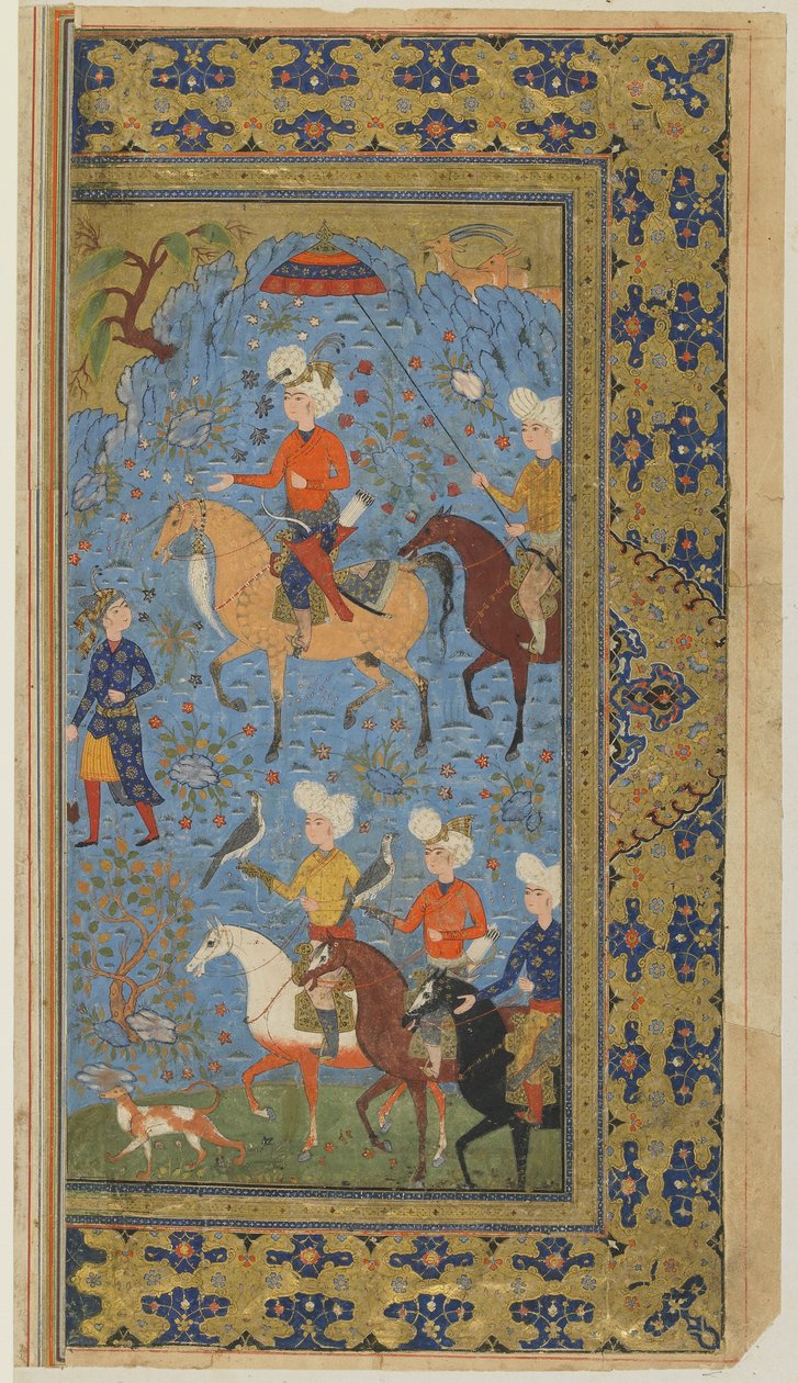 A Royal Hunt from a Shahnama (Kongernes Bog) af Firdawsi, ca. 1590-1600 (blæk, uigennemsigtig akvarel og guld på papir) af Persian School