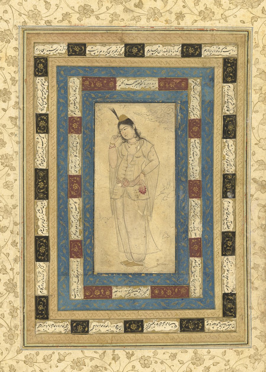 En stående dame, Isfahan, ca.1620-25 (blæk, opak vk og guld på papir) af Persian School