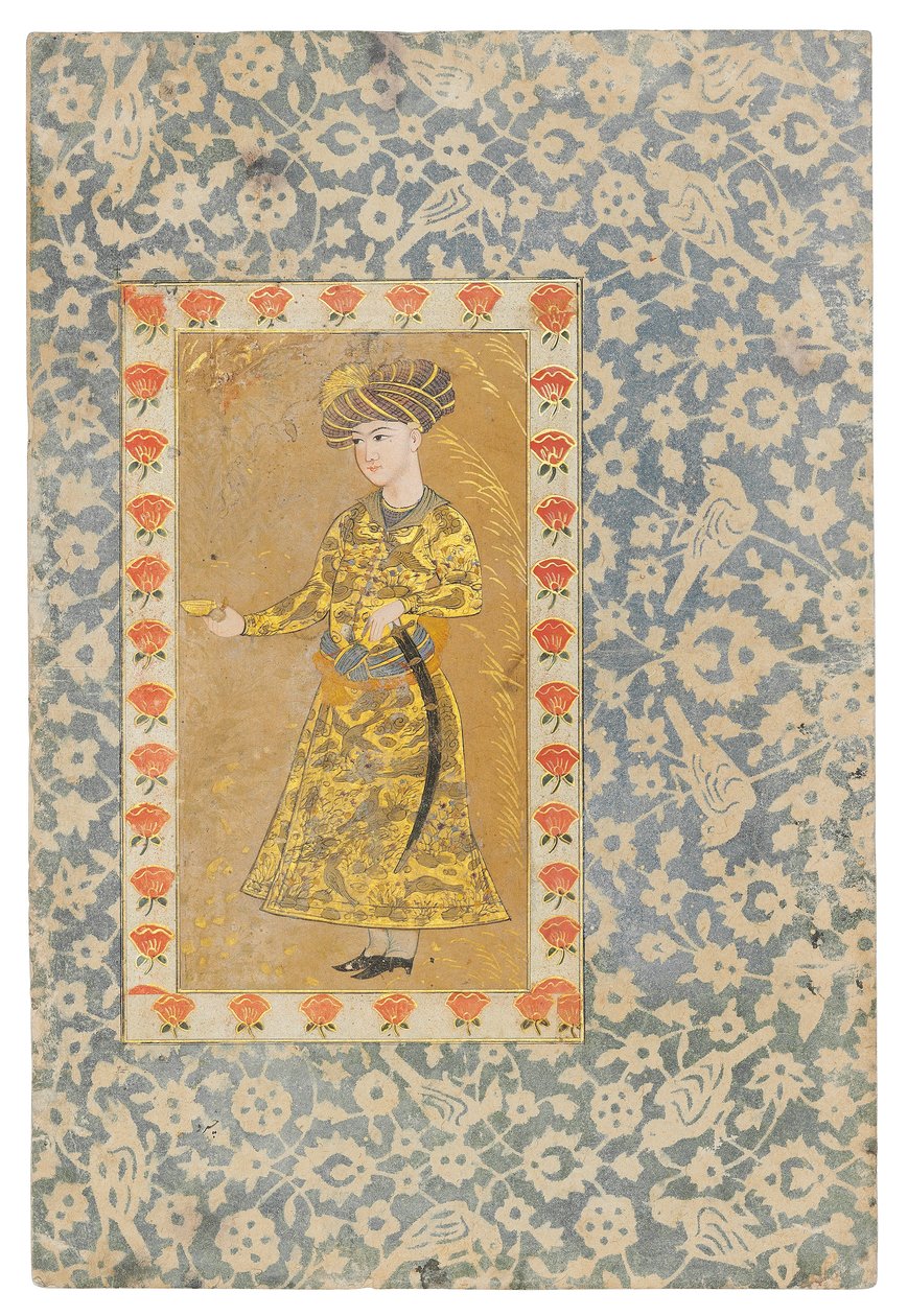 A Youth Holding a Wine Cup, Safavid Isfahan (ugennemsigtige pigmenter forhøjet med guld på papir) af Persian School