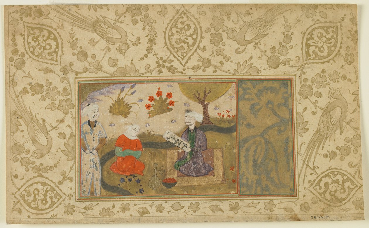 Et par samtaler ved en å, ca. 1500 (ugennemsigtig akvarel, blæk og guld på papir) af Persian School