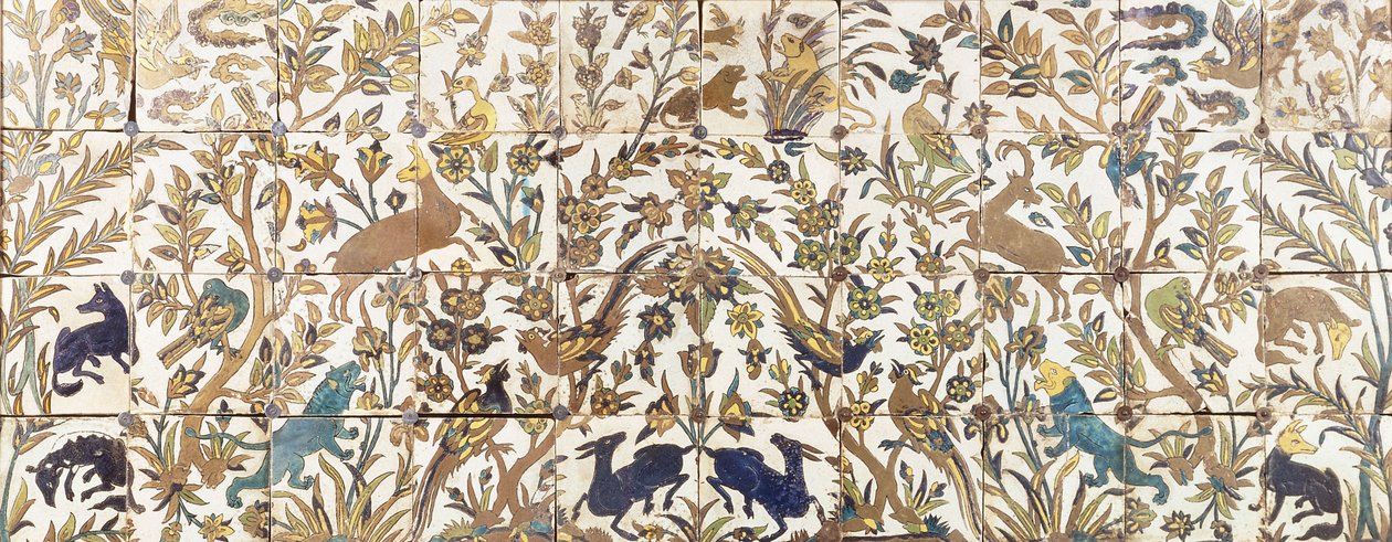 Et curda seca flisepanel, bestående af fire rækker af ti fliser, malet med vegetation beboet af fugle, hjorte og løver, 1600-tallet af Persian School