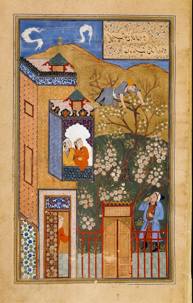 Et fjols klipper grenen, som han sidder på, under øjet på gartneren Page taget fra det persiske manuskript ms. 1187 (fol 27v) kopi til Bukhara omkring 1540-1557. Paris, B.N. af Persian School