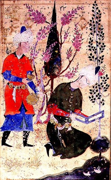 En siddende prins læser, mens en tjener serverer vin, fra Tohfat Al-Ahrar, Bokhara-skolen af Persian School