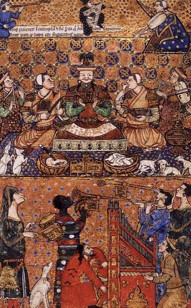 Tilføj 27696 f.13 Lineal på tronen med ledsagere og musikmagere, skrevet i Genova, slutningen af det 14. århundrede af Persian School