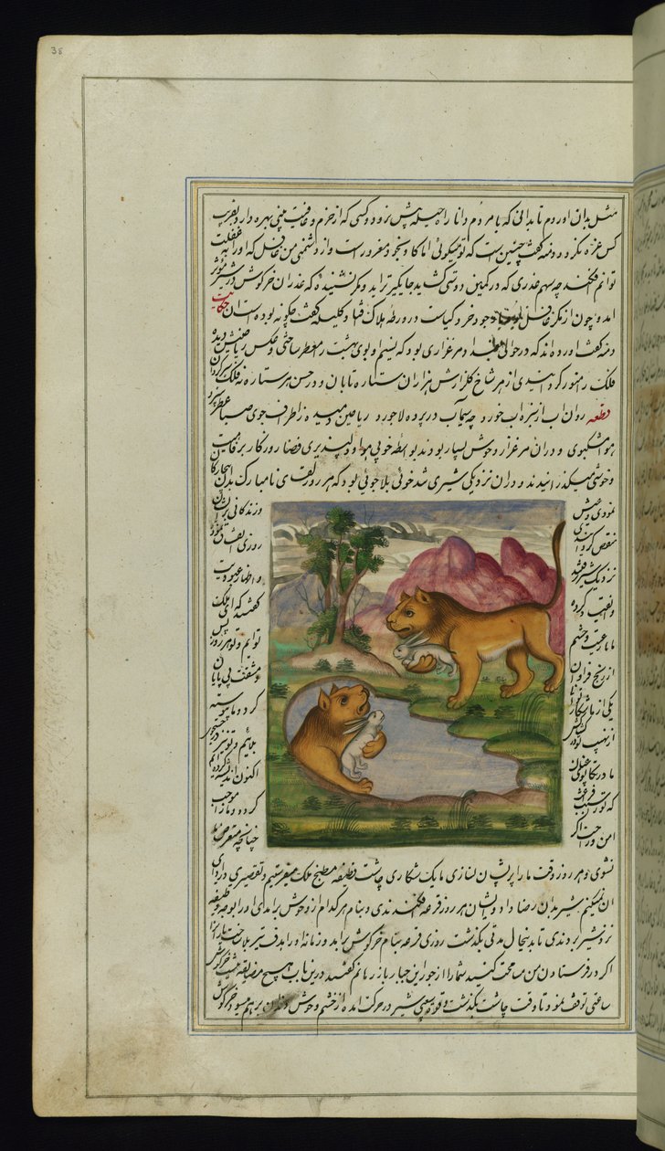 En ond løve, narret af en hare, kigger ind i en brønd og ser sit spejlbillede fra Lights of Canopus af Persian School