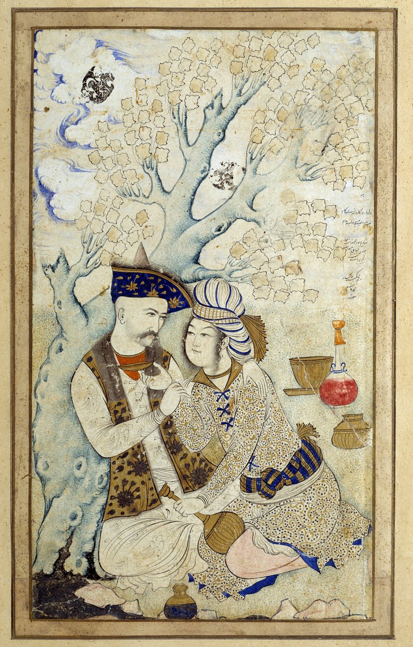 Art Islam: Portræt af Shah Abbas I, der omfavner en af hans sider. Persisk tegning af 1672. Mål: 0,16 x 0,27m. Paris, Musée du Louvre af Persian School