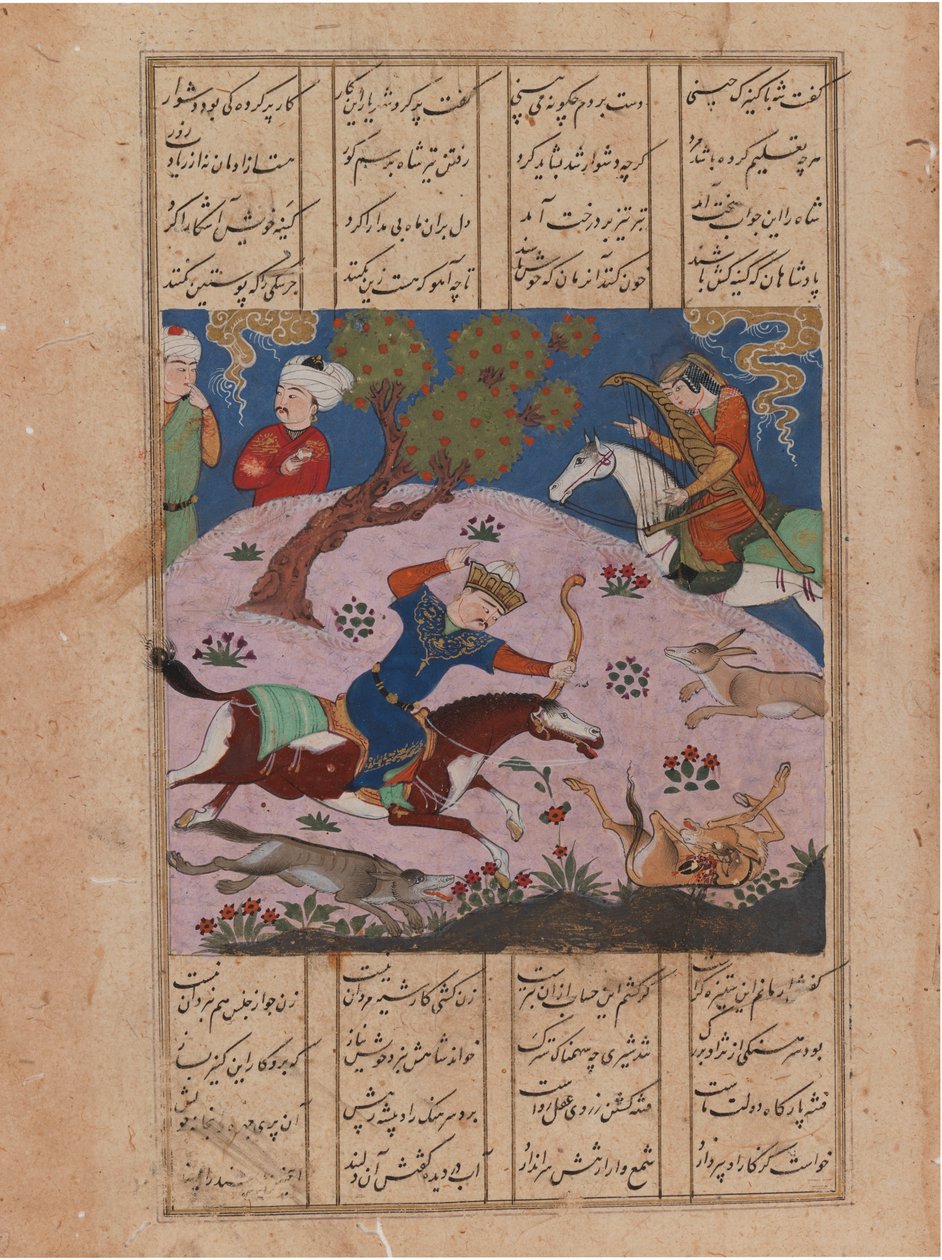 Baahram Gur jagt, folio fra en Nizami Khamseh (blæk & uigennemsigtigt wc på papir) af Persian School