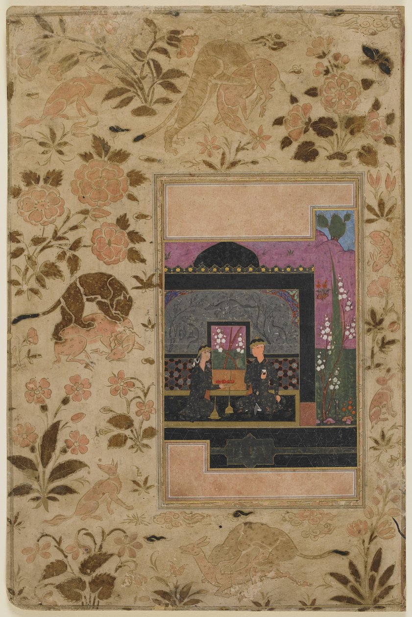 Bahram Gur og prinsessen i den sorte pavillon, ca. 1590 (ugennemsigtig akvarel, blæk og guld på papir) af Persian School