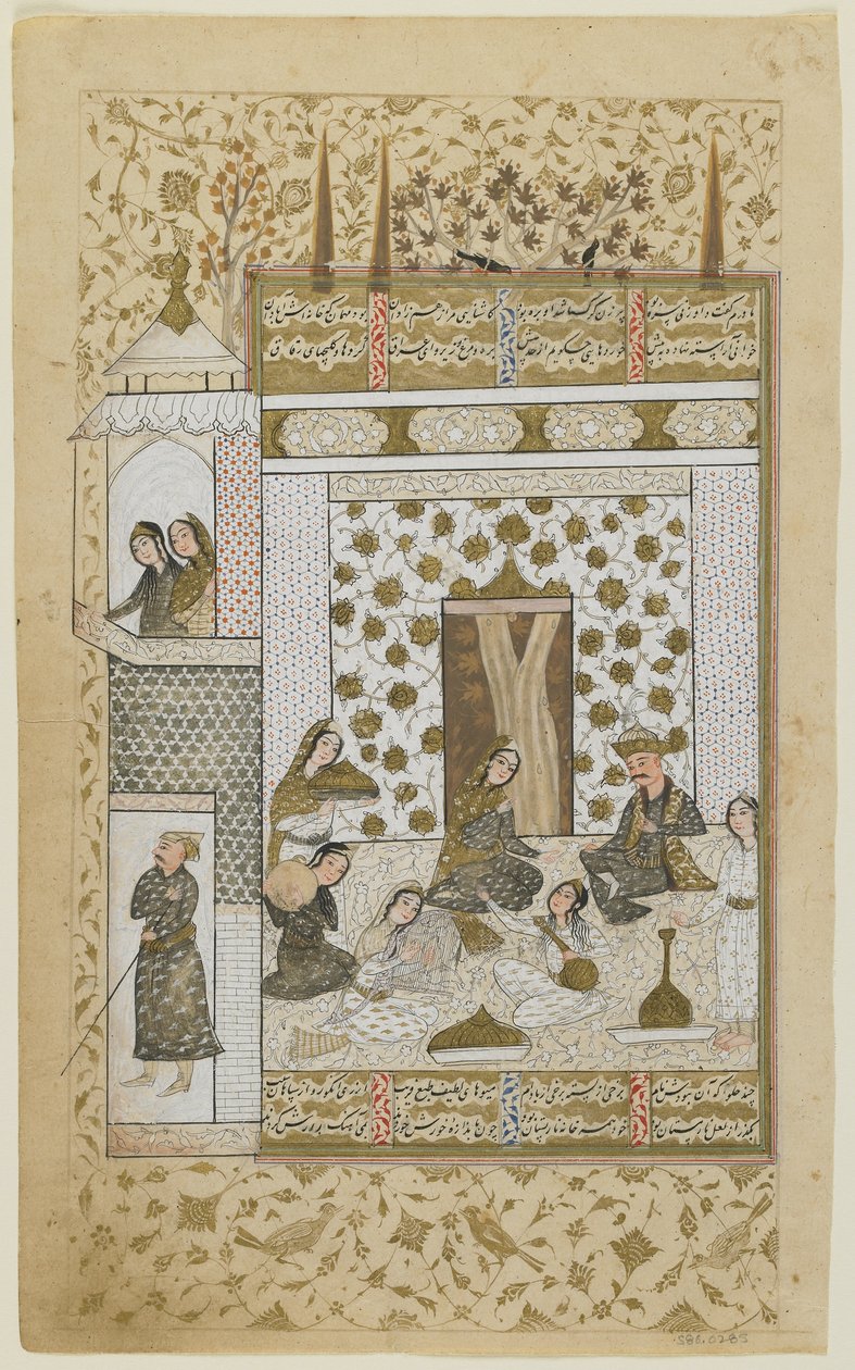 Bahram Gur og prinsessen i den hvide pavillon, fra en Khamsa, ca. 1600-10 af Persian School