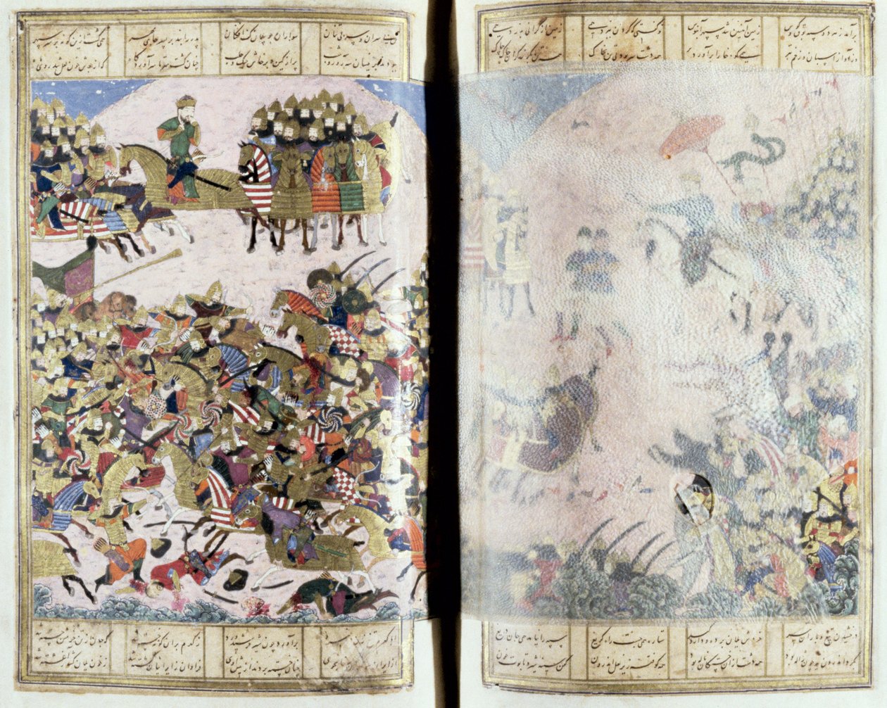 Battle Between Isfandiyar og Arjasp, illustration fra Shahnama (Kongernes Bog), af Abul-Qasim Manur Firdawsi (c.934-c.1020) c.1440-45 (pen, blæk & wc på vellum) af Persian School