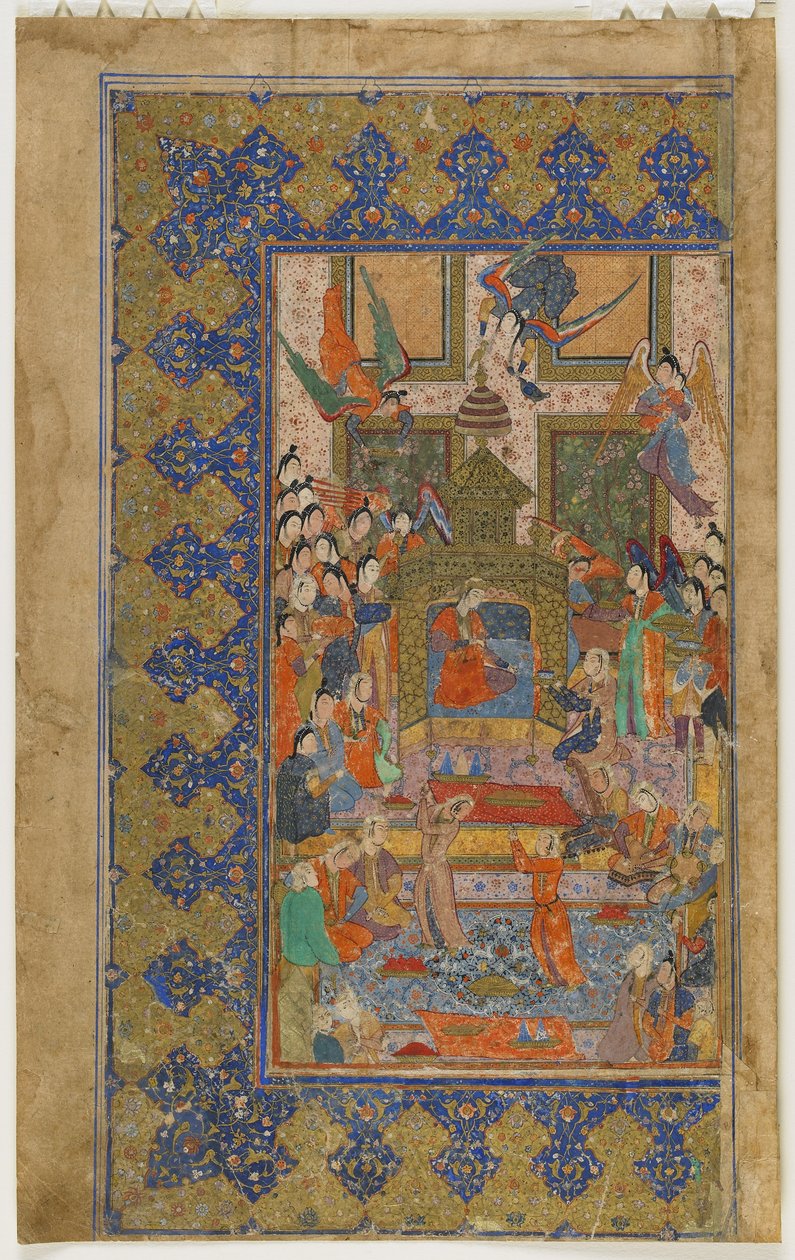 Bilqis troner fra en Khamsa (kvintet), ca. 1560 (ugennemsigtig akvarel, blæk og guld på papir) af Persian School