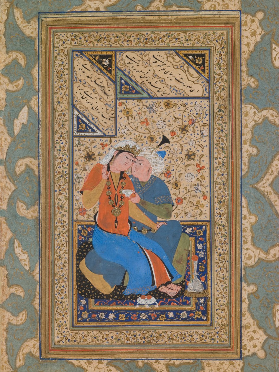 Par i kærlig samtale, Safavid-perioden (akvarel på papir) af Persian School