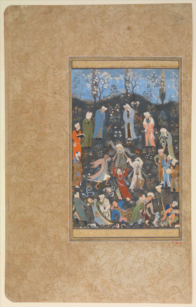 "Dancing Dervishes", Folio fra a Divan of Hafiz, ca. 1480 (ugennemsigtig akvarel & guld på papir) af Persian School
