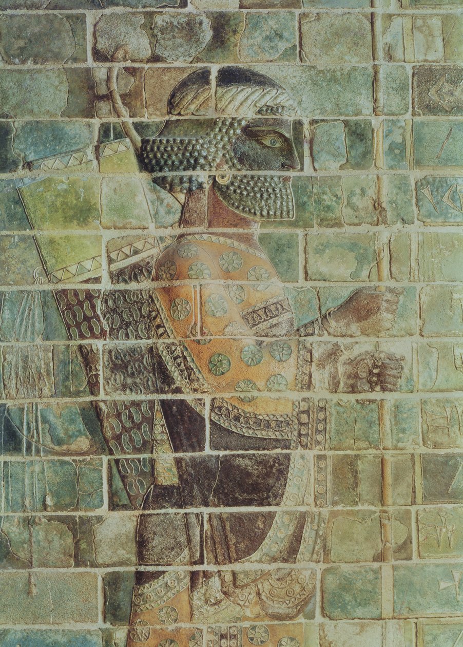 Detalje af en bueskytte fra en frise, fra Darius den Stores palads (548-486 f.Kr.) i Susa, Iran, Achaemenid Period, ca. 500 f.Kr. (glaserede mursten) af Persian School