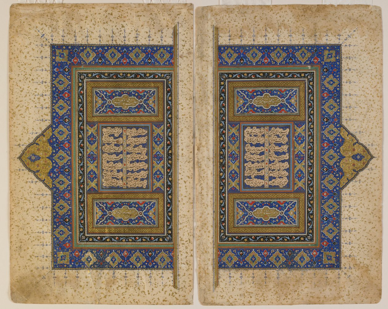 Dobbeltsidet frontispice fra en Khamsa (Quintet) af Amir Khusraw Dihlavi, Tabriz, Iran, Safavid-periode, 1530-40 (ugennemsigtig akvarel, blæk og guld på papir) af Persian School