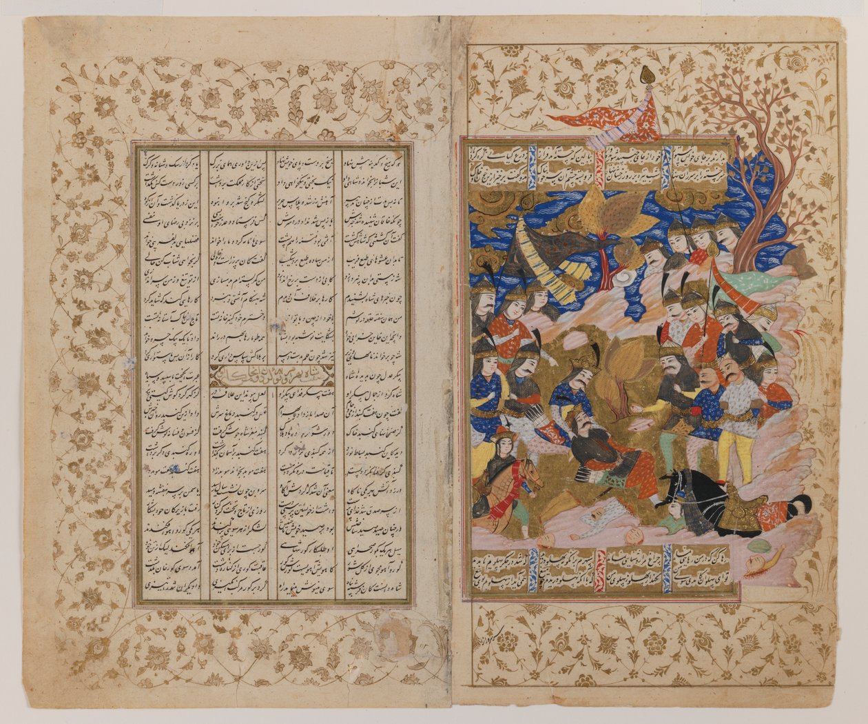 Dobbeltside med illustration fra et Shahnamah-manuskript, slutningen af det 17. århundrede (blæk, gouache og guld på pergamentpapir) af Persian School
