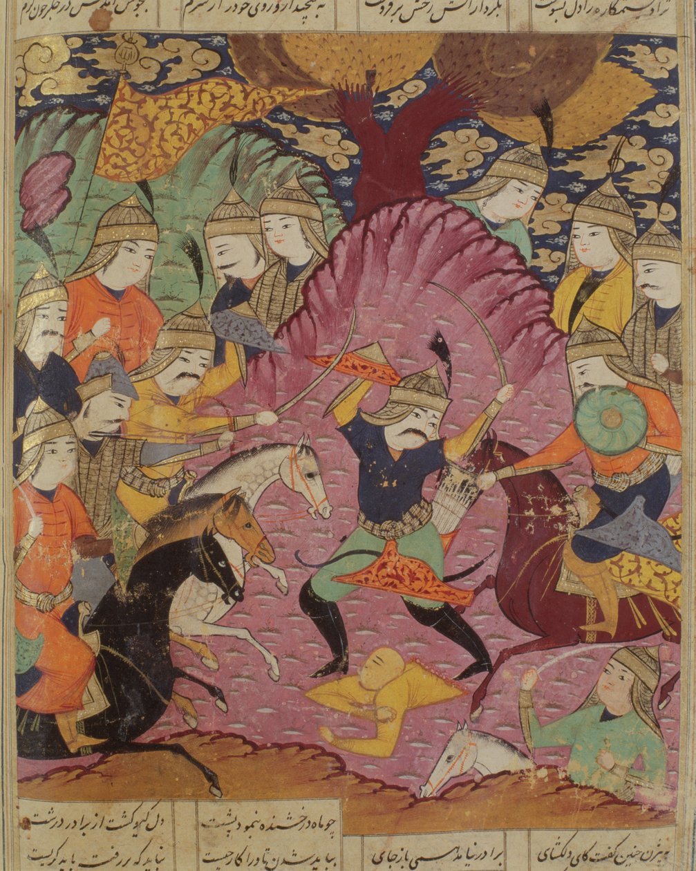 Kamp mellem Bahrama og Tazaw, illustration fra Shahnama (Kongernes Bog) af Abul-Qasim Manur Firdawsi (ca. 934-c. 1020) 1619 af Persian School