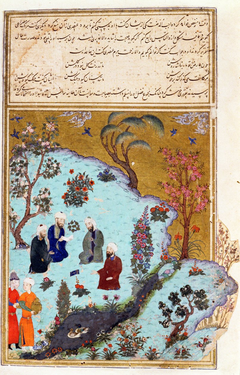 Firdawsi and the Three Court Poets of Ghazna, illustration fra Shahnama (Kongenes Bog), af Abul-Qasim Manur Firdawsi (c.934-c.1020) c.1440-45 (pen, blæk & guld på vellum) af Persian School
