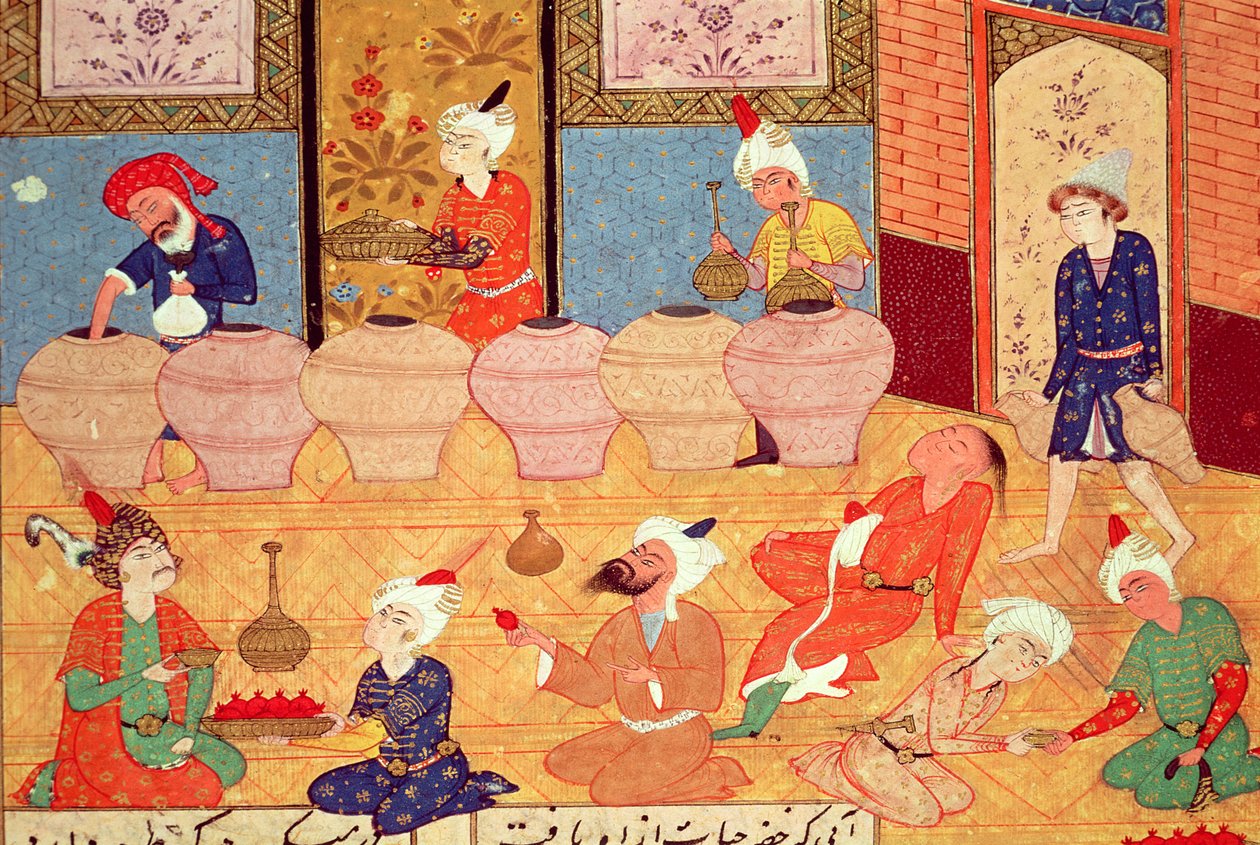 Fol.33v, Detalje af en banket med musikere, fra en bog med digte af Hafiz Shirazi (c.1325-c.1388) 1554 af Persian School