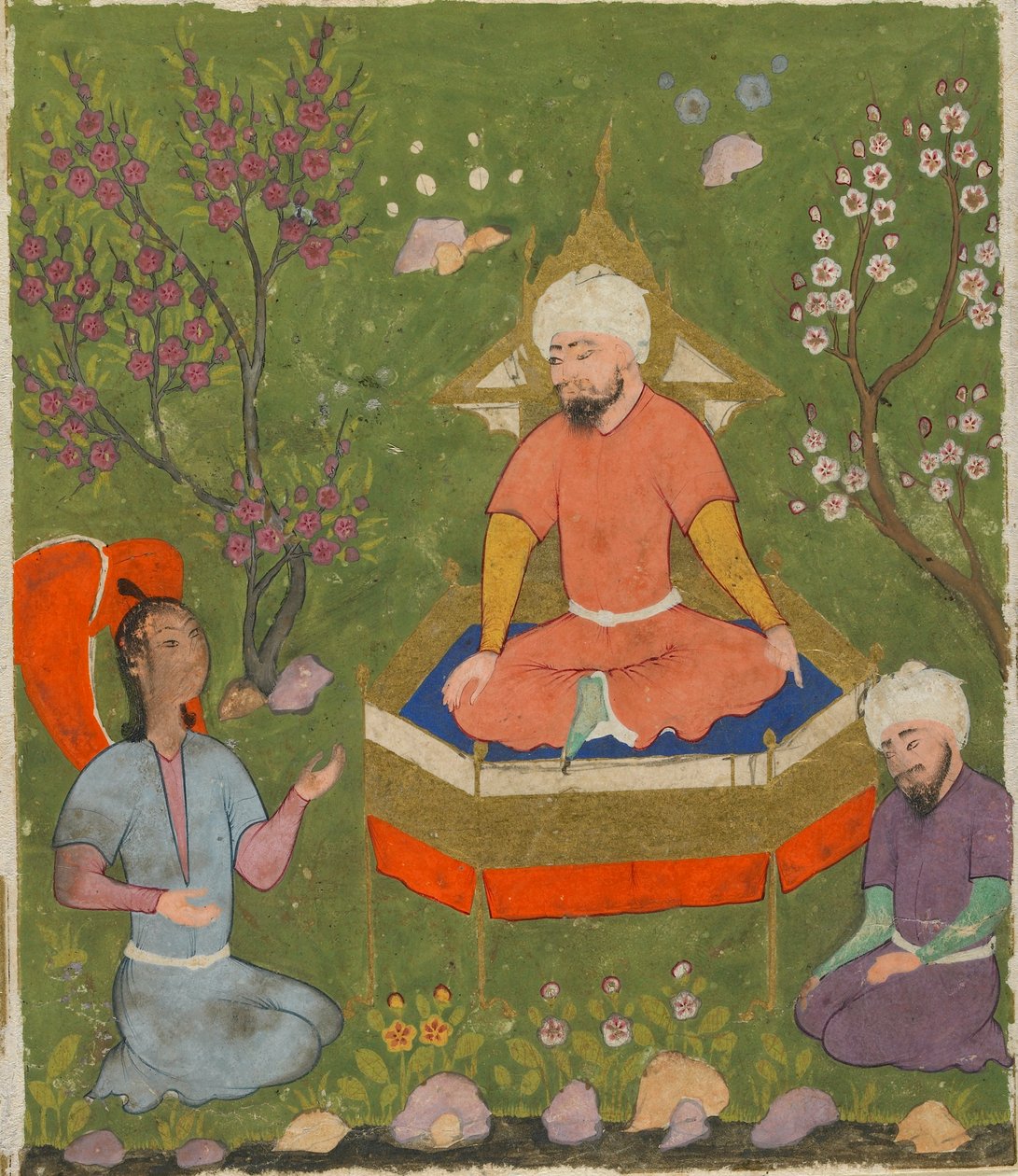 Folio fra Ajaib al-Makhluqat (Skabelsens vidundere) af al-Qazwini; recto: Haloed Figure Enthroned, Qazwin, Iran, ca. 1590-1600 (ugennemsigtig akvarel, blæk og guld på papir) af Persian School