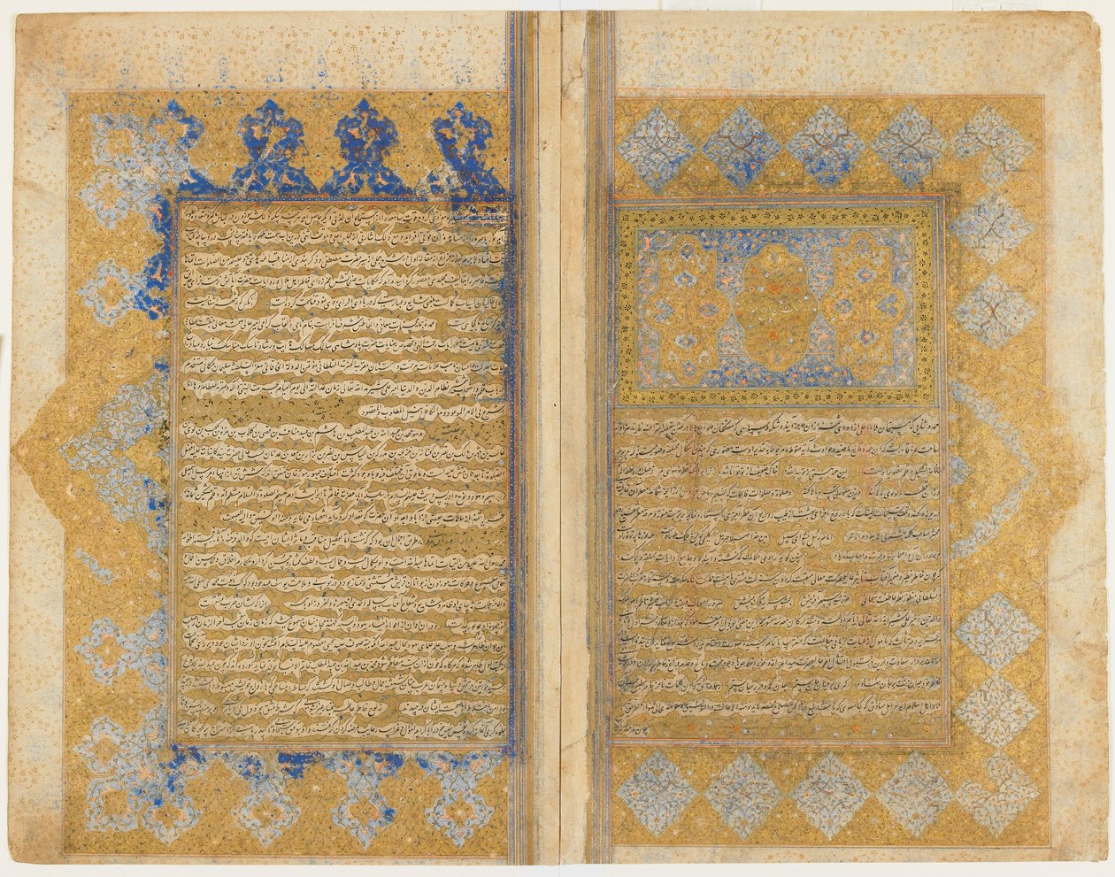 Folio fra en Rawdat al-safa af Mirkhwand (d. 1498); recto: belyst titelværk, kant og tekst; verso: tekst, Shiraz, Iran, Safavid-periode, 1571-72 (ugennemsigtig akvarel, blæk og guld på papir) af Persian School