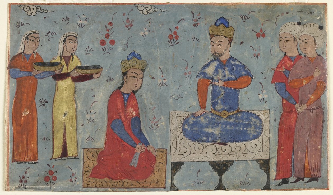 Folio fra en Shahnama (Kongernes Bog) af Firdawsi (d.1020); recto: Sindukht Before Sam, Iran (ugennemsigtig akvarel, blæk og guld på papir) af Persian School