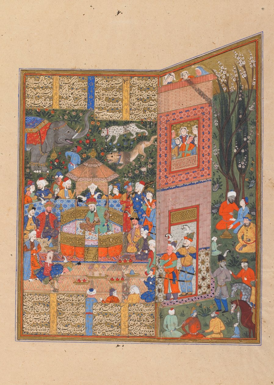 Folio fra en Shahnama (Kongernes Bog) af Firdawsi (d.1020); verso: Salm og Turs udsendinge før Faridun, Shiraz, Iran, Saravid-perioden, ca. 1560 (ugennemsigtig akvarel, blæk og guld på papir) af Persian School
