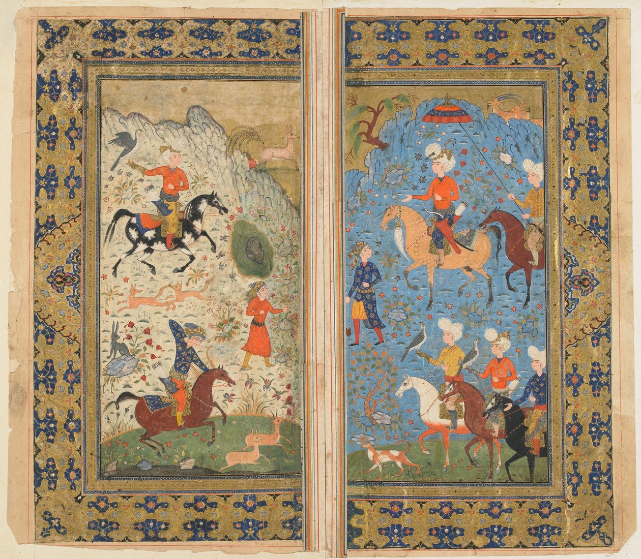 Folio fra en Shahnama (Kongernes Bog) af Firdawsi; A Royal Hunt, Iran, ca. 1590-1600 (ugennemsigtig akvarel, blæk og guld på papir) af Persian School