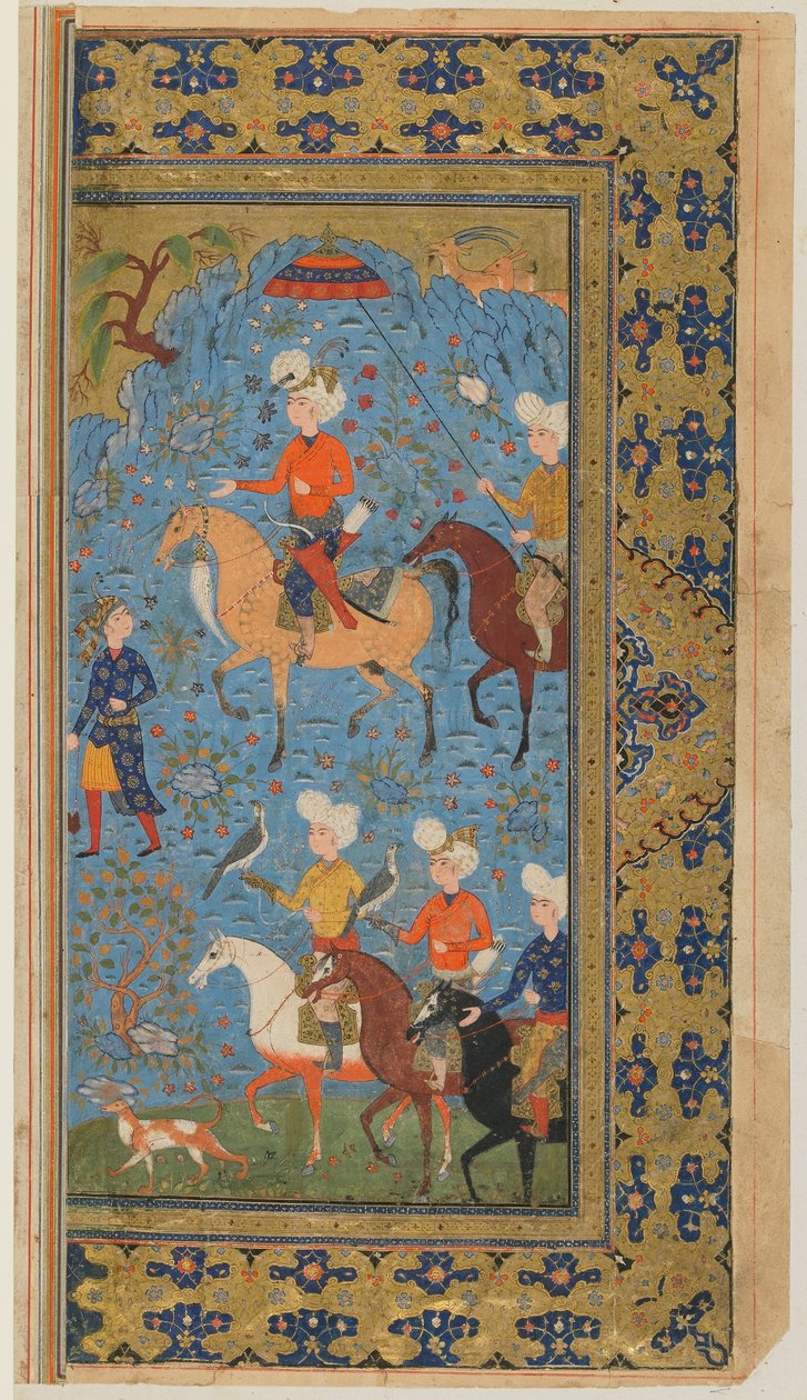 Folio fra en Shahnama (Kongernes Bog) af Firdawsi; A Royal Hunt, Iran, ca. 1590-1600 (ugennemsigtig akvarel, blæk og guld på papir) af Persian School