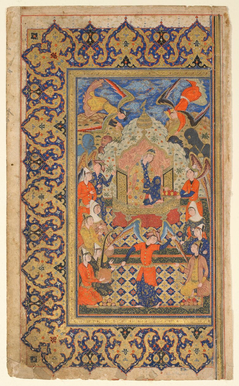 Folio fra en Shahnama (Kongernes Bog) af Firdawsi; recto: Bilqis Enthroned; verso: forordstekst, Shiraz, Fars, Iran, Safavid-periode, ca. 1590-1600 (ugennemsigtig akvarel, blæk og guld på papir) af Persian School