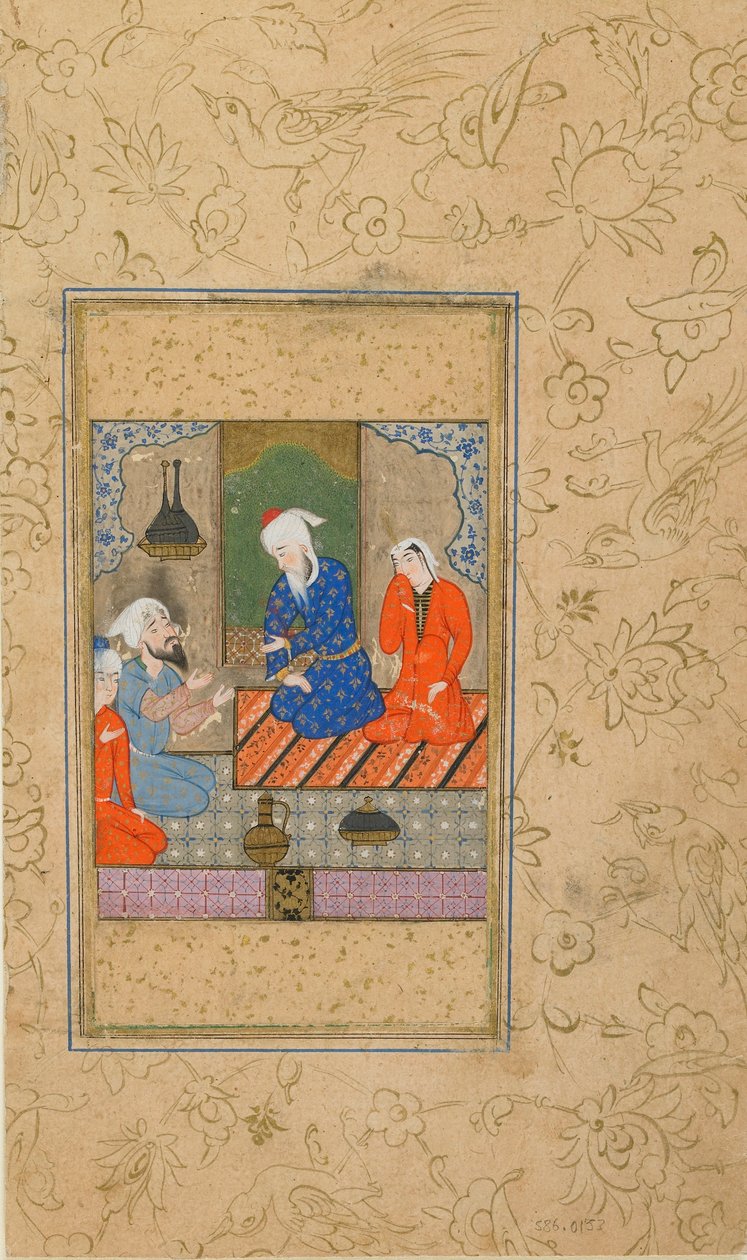 Folio fra en Yusuf u Zulaykha af Jami (d. 1492); Zulaykha og en ældre mand Lyt til en samtale, muligvis Mashhad, Iran, ca. 1560-70 (ugennemsigtig akvarel, blæk og guld på papir) af Persian School