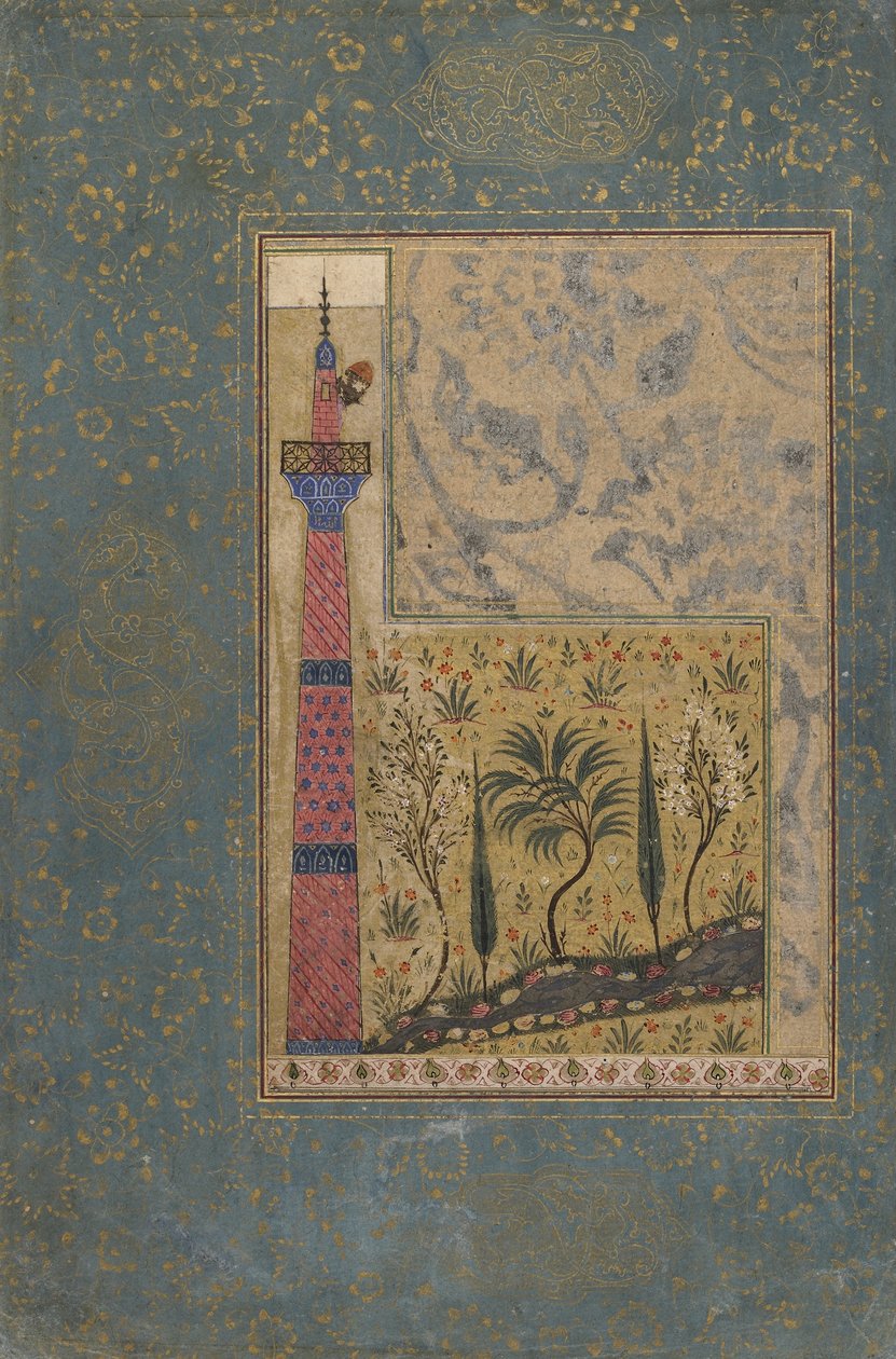 Folio fra en antologi; Mand på toppen af en minaret, Iran, 1417-18 (ugennemsigtig akvarel og guld på papir) af Persian School