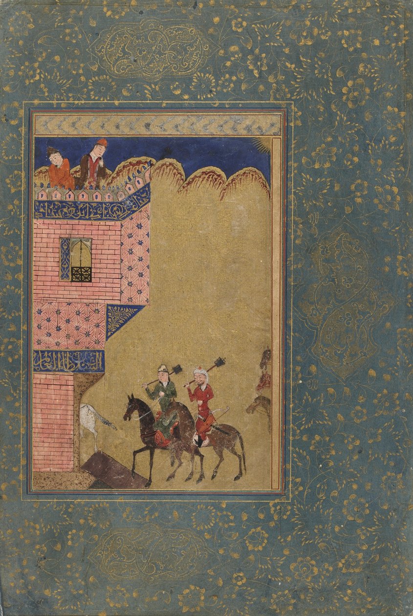 Folio fra en antologi; To ryttere, der bærer Maces nærmer sig en bygning, Iran, 1417-18 (ugennemsigtig akvarel og guld på papir) af Persian School
