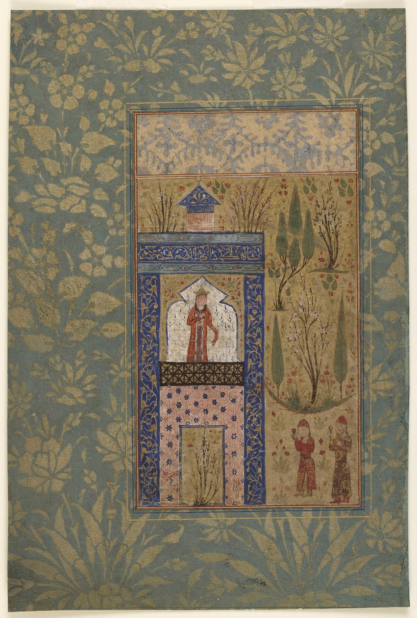 Folio fra en antologi; To unge før en prinsesse ved et vindue, Iran, 1417-18 (ugennemsigtig akvarel og guld på papir) af Persian School